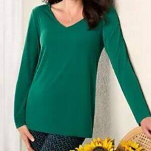 Susan Graver Emerald Green Liquid Knit V-neck Top Long Sleeve 5X- NWT-Normcore